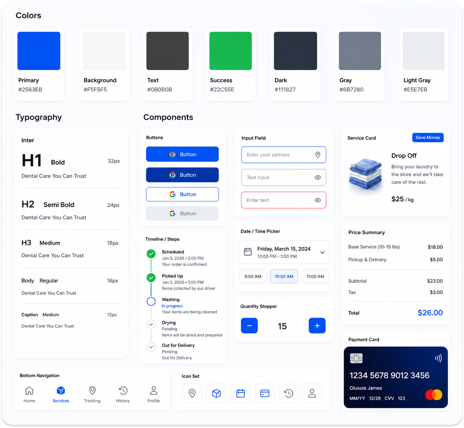 Laundry app design system showing colors, typography, components, navigation, cards, and payment UI