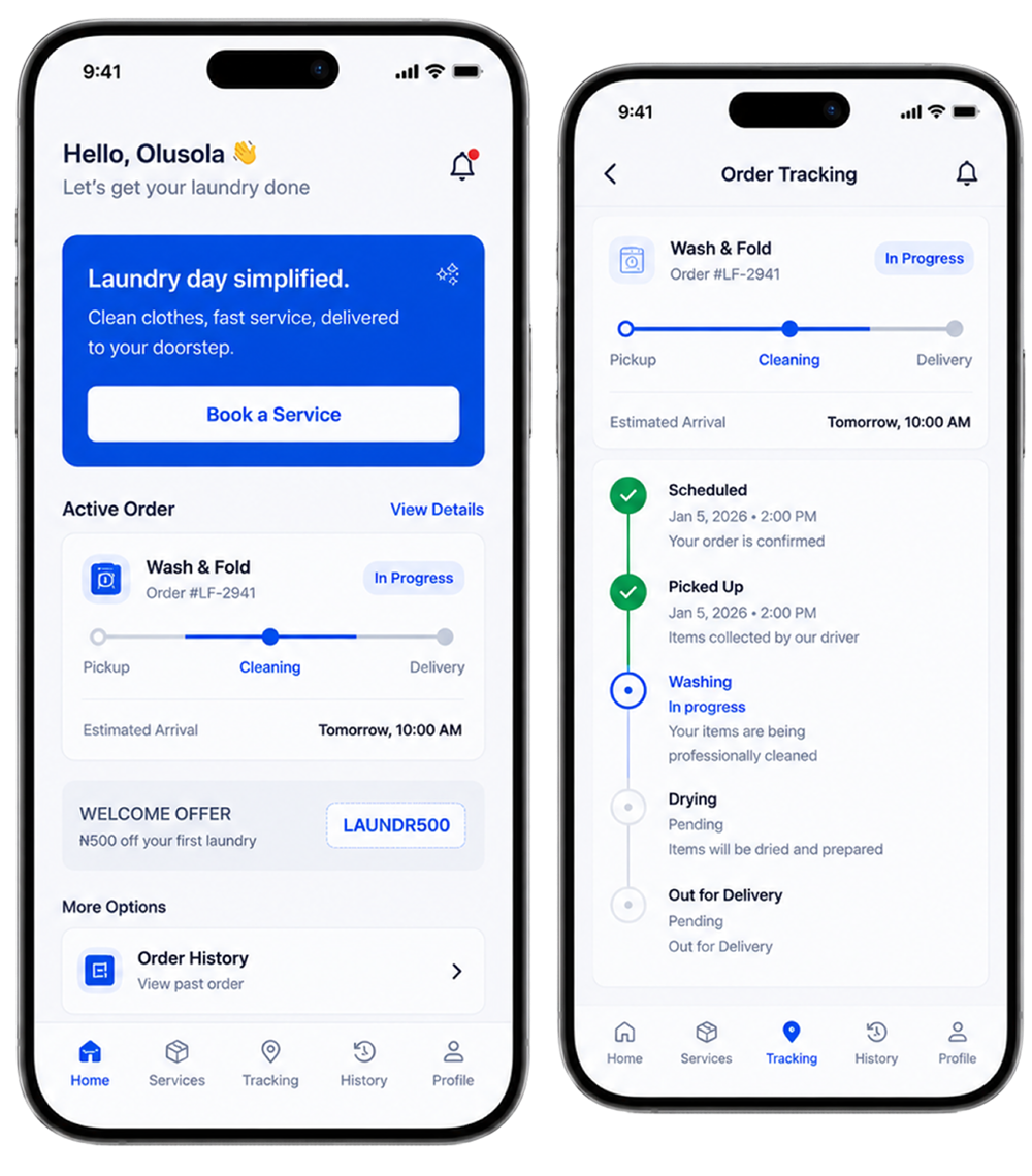 Laundry app screens showing order status and tracking