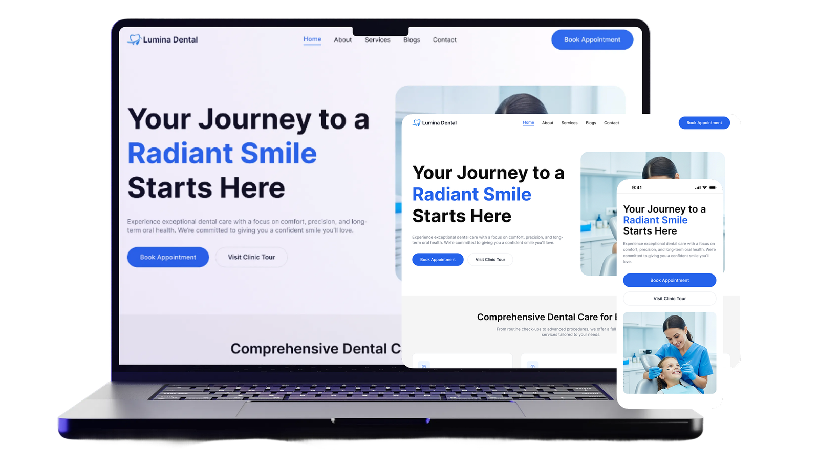 Dental clinic responsive website mockup across laptop and mobile devices