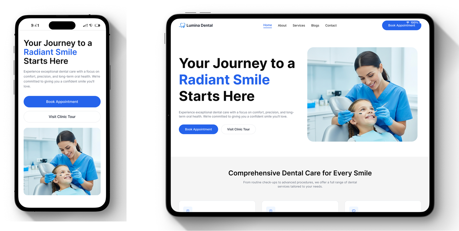 Dental clinic website mobile and tablet mockup