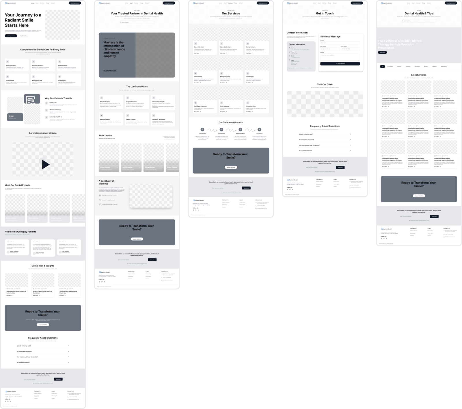 Dental clinic website wireframe screens