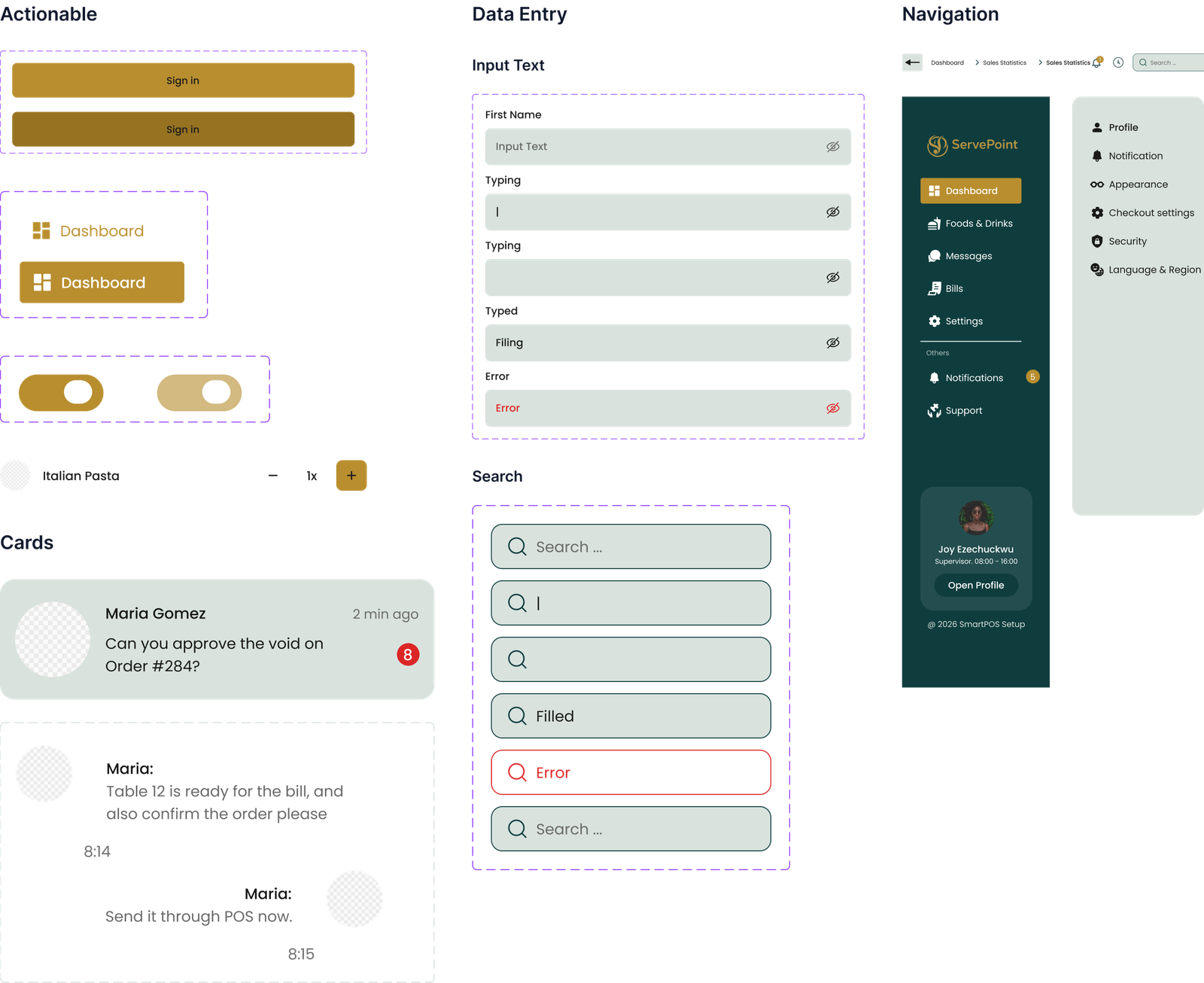ServePoint POS design system showing buttons, forms, cards, search fields, and navigation components