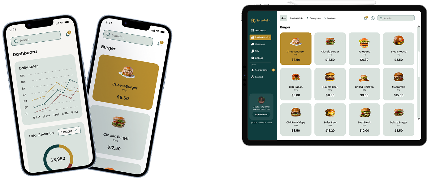 ServePoint POS responsive device mockups across phone and tablet screens