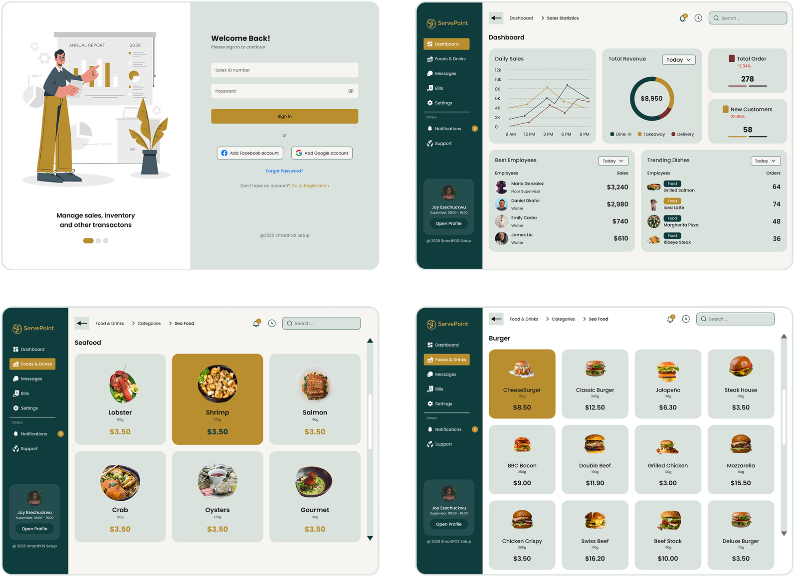 ServePoint POS additional restaurant dashboard and ordering screens