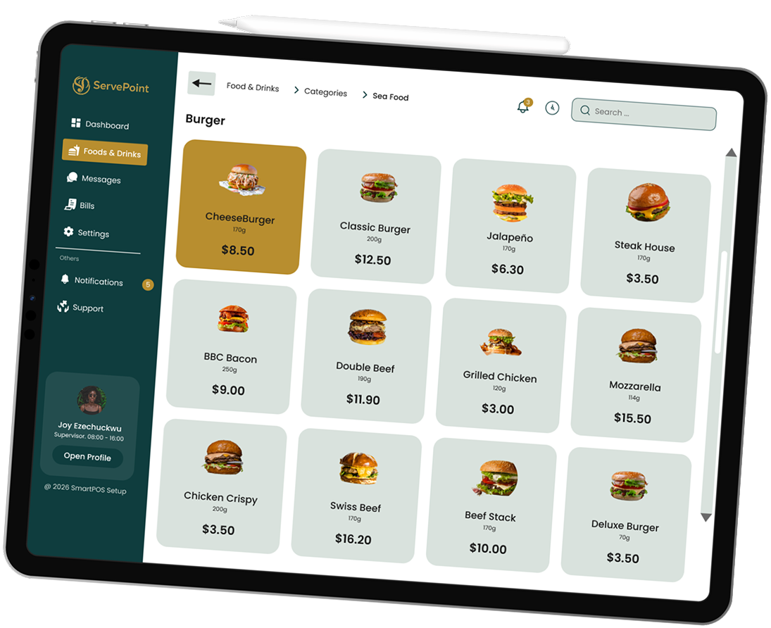 ServePoint POS restaurant operations dashboard mockup