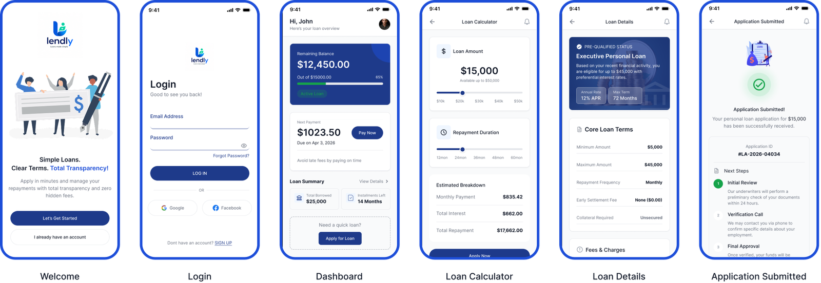 Loan App UI screens including welcome, login, dashboard, calculator, loan details, and application submitted screens