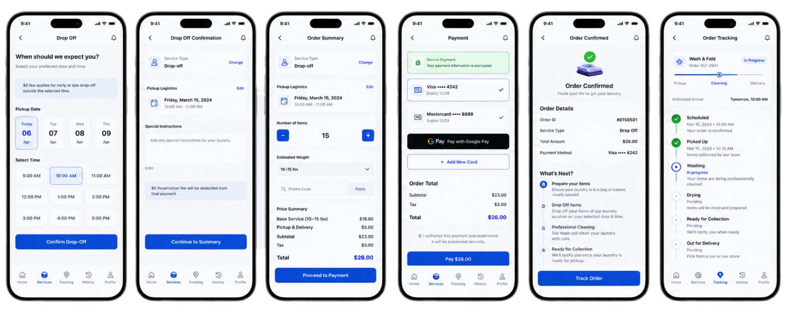 Laundry app drop off flow screens from scheduling to tracking