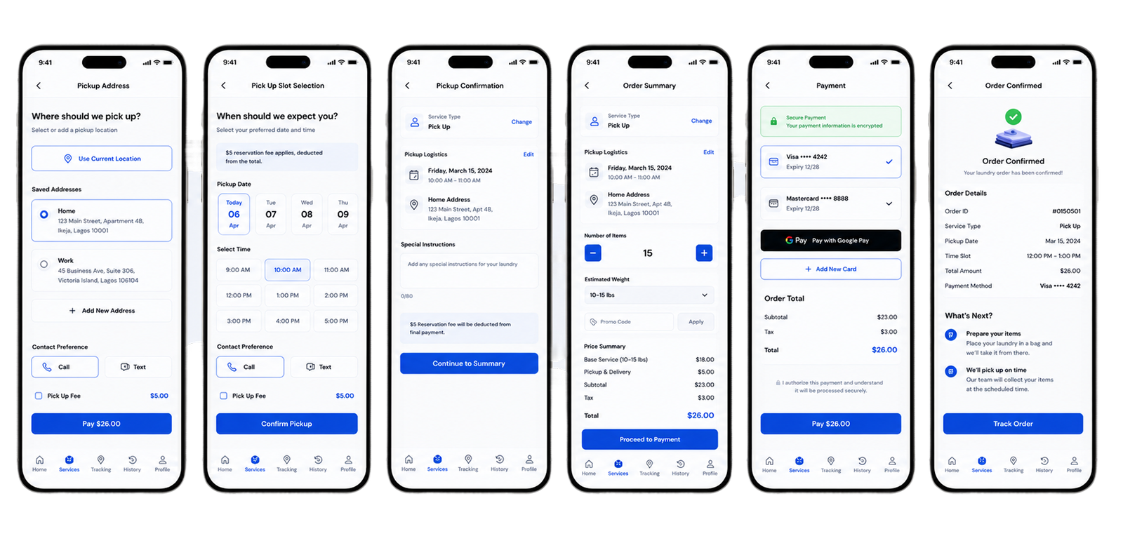 Laundry app pickup flow screens from address selection to tracking