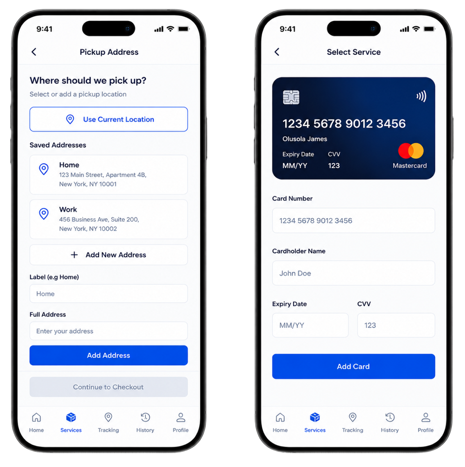 Laundry app add address and add card screens