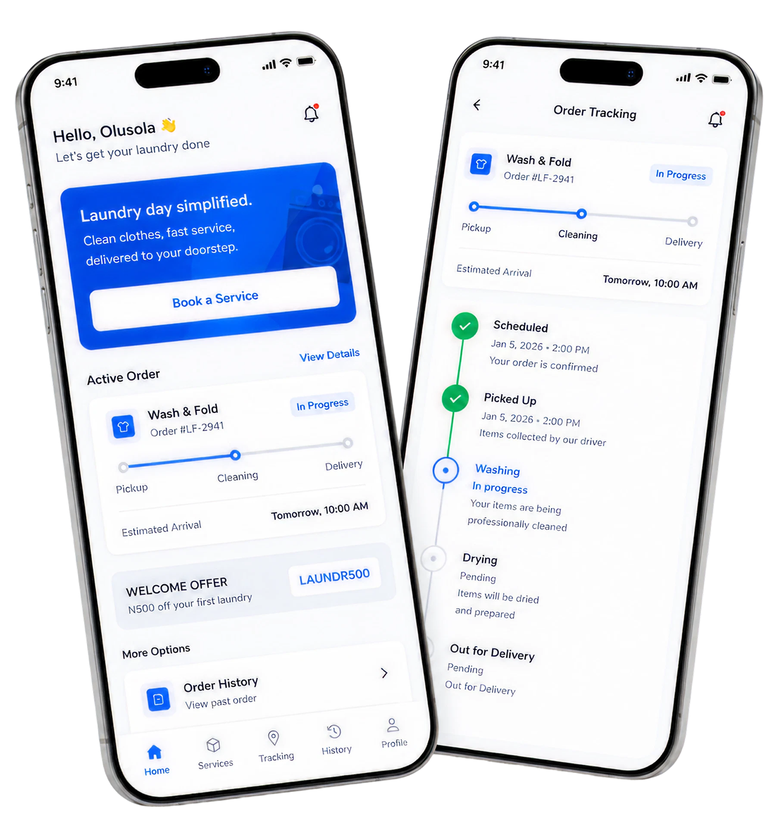 Laundry app final mockup showing home and tracking screens
