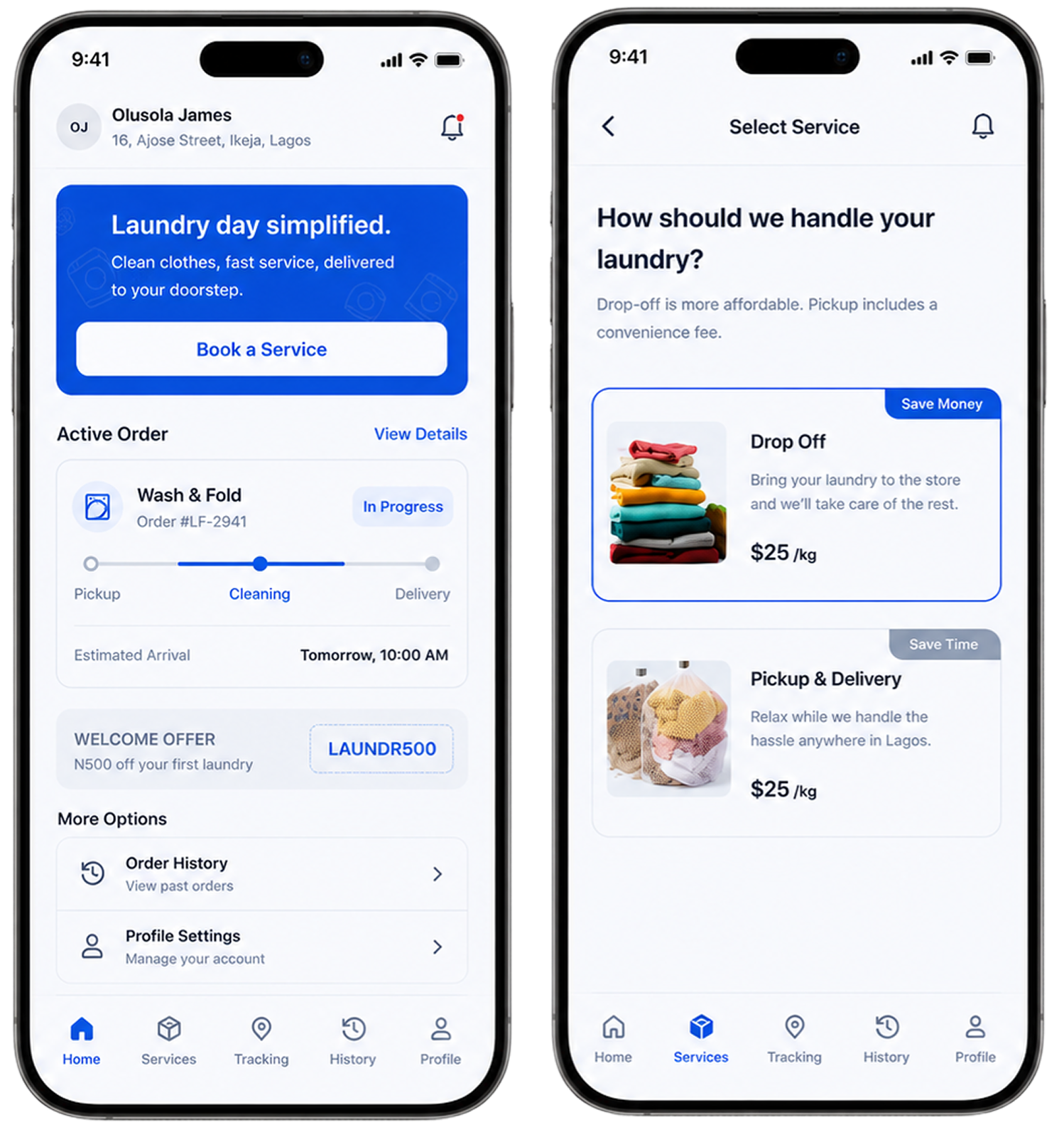 Laundry app home and select service phone screens