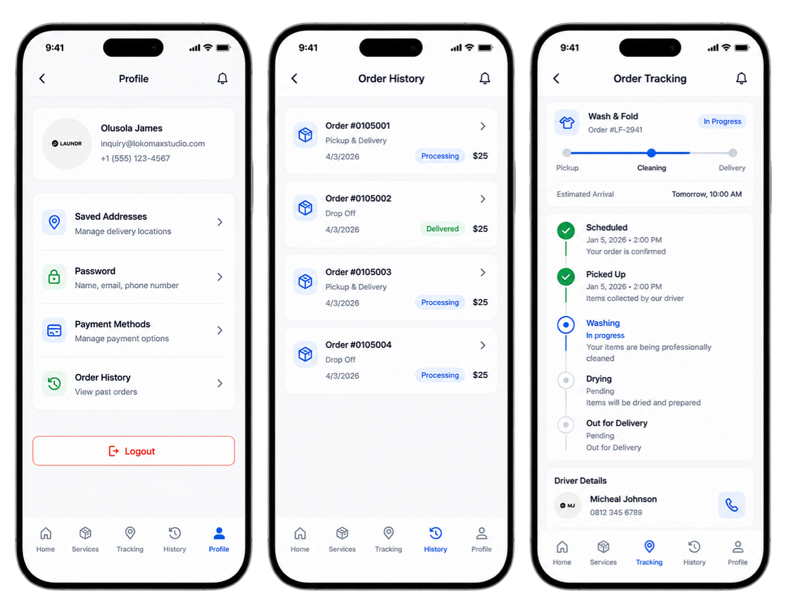 Laundry app profile, order history, and order tracking screens