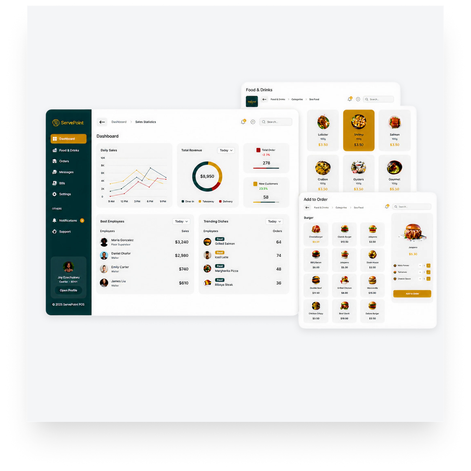 Restaurant POS dashboard designed for order management, sales tracking, inventory control, and business operations.