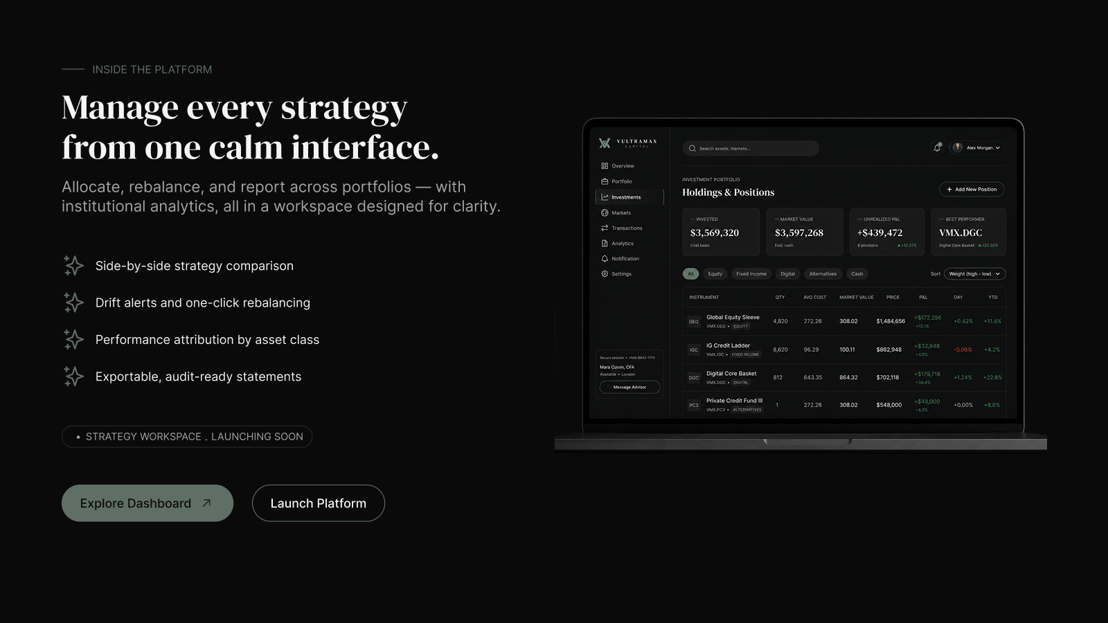 A strategy workspace should connect objectives, allocation decisions and portfolio performance in one coherent view.